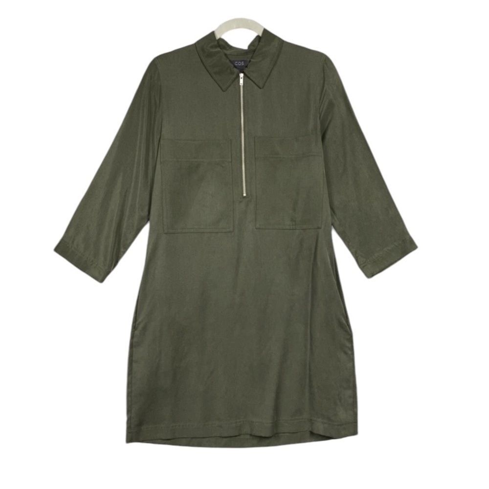 COS Shirt Dress Womens Size 4 Green Utility Zip Up Patch Pocket Lagenlook